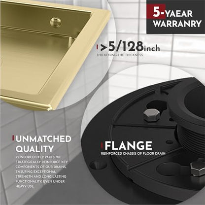 6 Inch Square Shower Drain Gold Floor Drain with Flange Reversible 2-in-1 Cover Tile Insert Grate Removable SUS304 Stainless Steel CUPC Certified Brushed Gold - color: Brushed Gold, size: 6 Inch