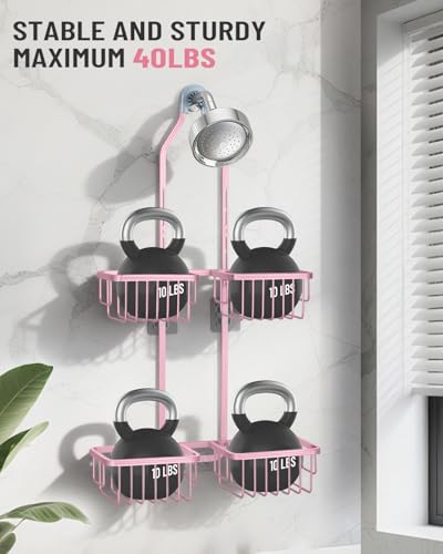 Adjustable Shower Caddy Hanging for Handheld Showerheads - Never Rust Shower Hanging Organizer, Upgraded Bathroom Shower Rack with Soap Basket, Hooks and Toothbrush Holder (Pink) - color: Pink