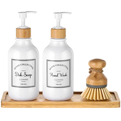 4 Pieces Kitchen Soap Dispenser Set 16 oz Dish Soap Dispenser with Bamboo Pump Soap Tray and Dish Brush Bathroom Soap Dispenser Set with Waterproof Labels for Hand Soap Dish Lotion (White) - color: White