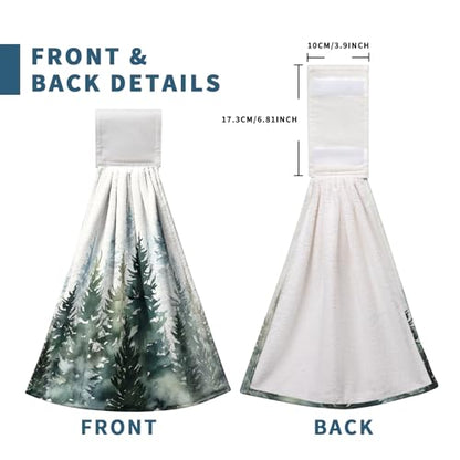 Watercolor Green Tree Hanging Hand Towels Christmas Pine Tree Kitchen Tie Towel Rustic Nature Forest Hand Towels with Hook Loops Winter Hanging Kitchen Towel Fast Drying Dish Tea Towels, 2pcs - color: Green Tree