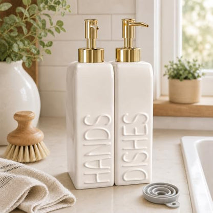 Ceramic Dish and Hand Soap Dispenser Set, 2 Pack with Stainless Steel Pump | Refillable bottles with an included funnel for easy refills and daily use, adding a stylish touch to kitchens and bathrooms. - color: Matte White, Gold Pump