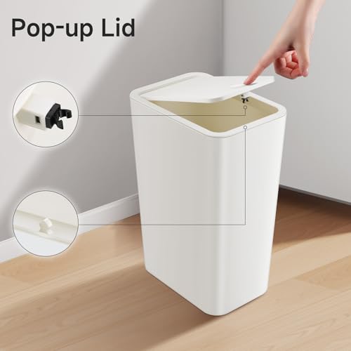 TIPGO Bathroom Trash Can with Lid, 4 Gallon / 15 Liter Small Garbage Can, Press Top Bin, Plastic Wastebasket with Pop-Up Lid for Bedroom, Living Room, Office (White, 2 Pack) - color: White, 2 Pack