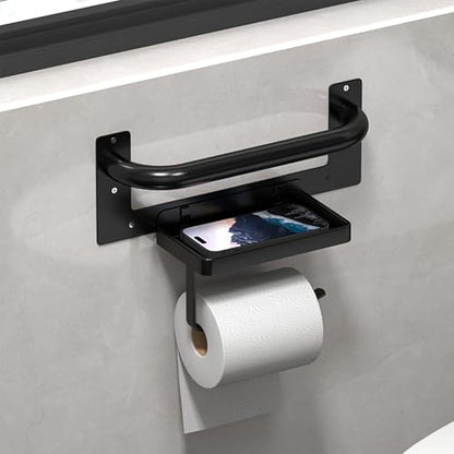 Toilet Paper Holder with Assist Bar - Matte Black Bathroom Safety Handle Wall Mount with Toilet Roll Holder and Shelf 300lbs Weight Support Grab Bar for Bathtubs and Showers
