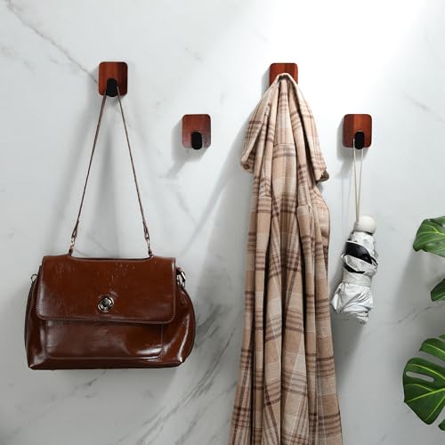 DELITON Acacia Wooden Towel Hooks Red Brown, 4 Pack Sticky Hooks for Hanging Towels, Coat, Hat, Robe, Heavy Duty, No Damage - color: Brown