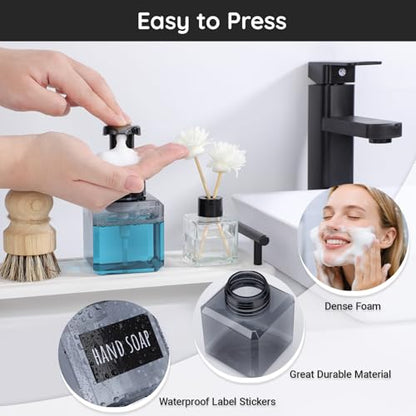 Segbeauty Square Foaming Soap Dispenser Bathroom, 2pcs 8.5oz Gray Foam Soap Dispenser for Kitchen Sink, 250ml Small Plastic Foam Bottle with Waterproof Labels, Foaming Bottle Set for Shampoo Face Wash - color: Gray, style: 2pcs 8.5oz