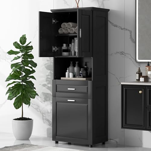JIVOIT 70" H Tall Bathroom Cabinet with Laundry Basket, Double Cabinets with Doors and Open Storage Space, Tilt-Out Laundry Hamper and Upper Storage Cabinet (Black * 102) - color: Black * 102