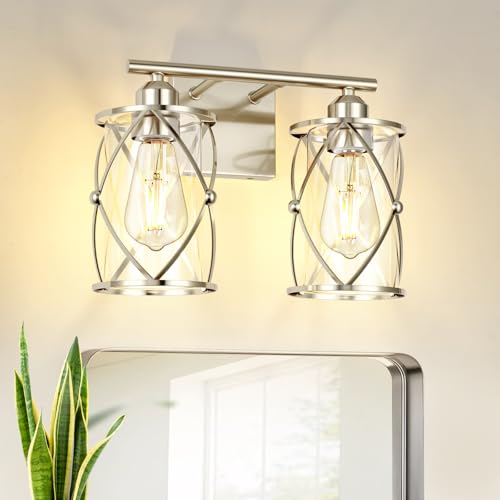2-Light Brushed Nickel Bathroom Light Fixtures, 13.8 Inch Modern Bathroom Vanity Lighting Fixtures Over Mirror with Clear Glass and Metal Cage Wall Sconce Lights for Bath, E26, CH9176BN-2W - color: Nickel + Clear Glass, size: 2-Light, 13.8" L