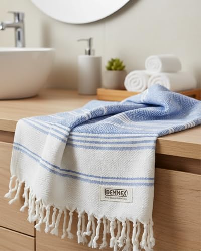 DEMMEX Organic Cotton Turkish Hand Towels for Bathroom & Kitchen – 100% Oeko-TEX Certified Turkish Cotton, Lightweight Quick Dry Hand Towels, Diamond Weave, Large 18x36 in, Set of 2, Denim Blue - color: Denim Blue