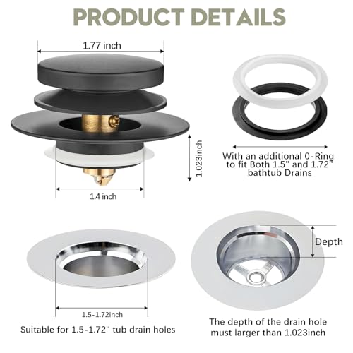 Universal Bathtub Stopper, Pop Up Bath Tub Drain Stoppers, EZ Install Bathtub Drain Replacement Trim Kit, Replaces Lift and Turn, Tip-Toe and Trip Lever Drains for Tub(Black) - color: Matte Black