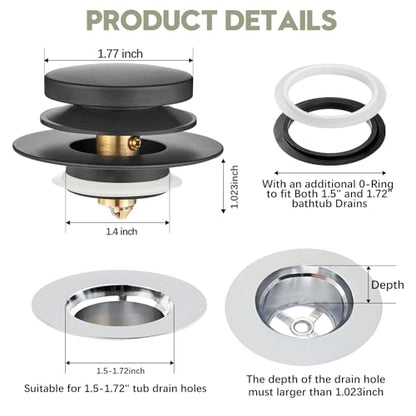 Universal Bathtub Stopper, Pop Up Bath Tub Drain Stoppers, EZ Install Bathtub Drain Replacement Trim Kit, Replaces Lift and Turn, Tip-Toe and Trip Lever Drains for Tub(Black) - color: Matte Black