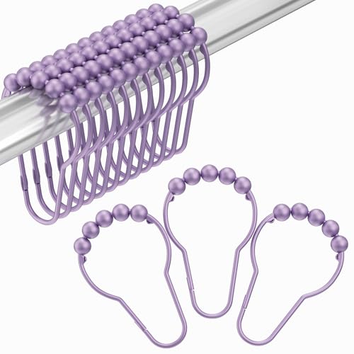 Shower Curtain Hooks, Rust Resistant Purple Shower Curtain Hooks for Bathroom, Stainless Steel Glide Shower Hooks Hangers for Bathroom Shower Rods Curtains, Set of 12 Hooks, Greyish-Purple - color: Greyish-purple, style: Single Hooks