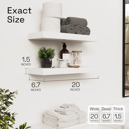 Solid Wood Floating Shelves for Wall 20 Inch White, Wooden Bathroom Shelf | Real Wood, Wall Mounted, Heavy-Duty, Bedroom Kitchen Living Room, Rustic, White Finish, 20W x 6.7D, Set of 2 - color: White, size: 20 Inch