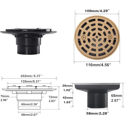 RANDOM Round Shower Drain SUS304 Stainless Steel Champagne Bronze Shower Drain 4 inch with Adjustable PVC Base Flange,Shower Floor Drain with Removable Cover Grid Grate - color: A-champagne Bronze-4″ Round With Base Flange