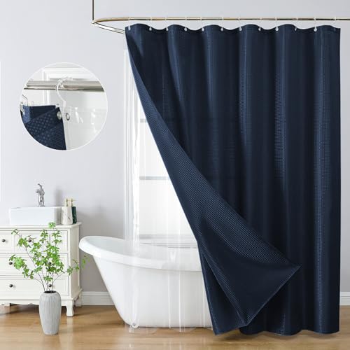 QiyI 3 in 1 Waffle Shower Curtain Set with Liner, Navy Blue, 72 x 72 | Shower Curtain and Liner Set with Hooks, Waterproof Bathroom Curtain with PEVA Liner & 12 Double Sided Clear Plastic Rings - color: Navy Blue, size: 72"W x 72"L (Pack of 1)