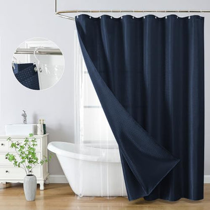 QiyI 3 in 1 Waffle Shower Curtain Set with Liner, Navy Blue, 72 x 72 | Shower Curtain and Liner Set with Hooks, Waterproof Bathroom Curtain with PEVA Liner & 12 Double Sided Clear Plastic Rings - color: Navy Blue, size: 72"W x 72"L (Pack of 1)