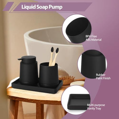 GAHEFY Black Bathroom Countertop Accessories Set - Soap Dispenser and Toothbrush Holder with Silicone Boot,Vanity Tray (Black Liquid) - color: Black Liquid