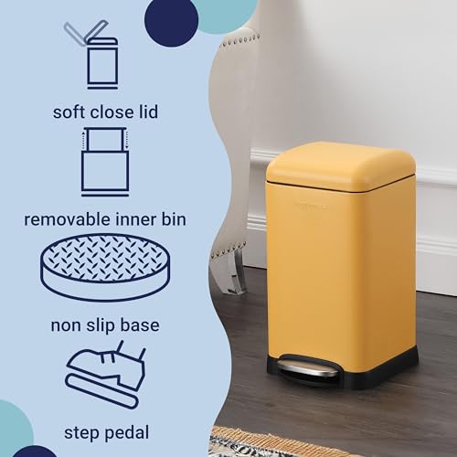happimess Betty Retro Mini 3.2 Gal Step Trash Can, Daffodil Yellow | Soft-Close Lid, Removable Liner, Iron, Hands-Free Pedal, Satin Finish, Non-Skid Base, Built-In Damper, Modern, Minimalistic - color: Daffodil Yellow