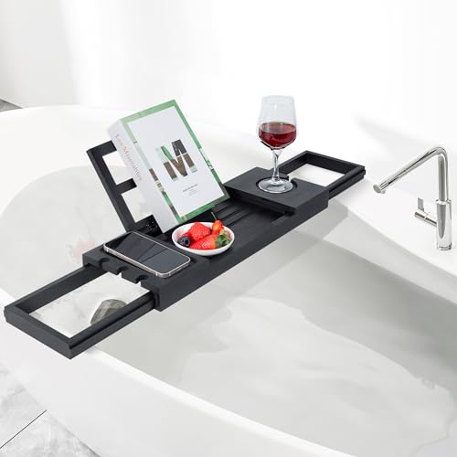 Utoplike Bamboo Bathtub Tray Black, Adjustable Bath Caddy Table for Tub | Bathroom Organizer with Book Tablet, Wine Glass Cup, Towel Holder - color: 19.8-33.5 in Black