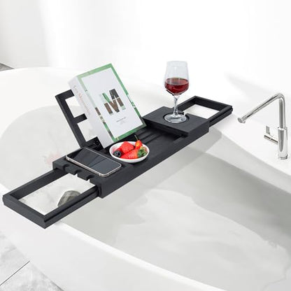 Utoplike Bamboo Bathtub Tray Black, Adjustable Bath Caddy Table for Tub | Bathroom Organizer with Book Tablet, Wine Glass Cup, Towel Holder - color: 19.8-33.5 in Black