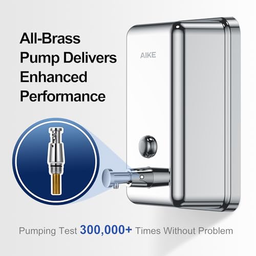 AIKE 37oz Liquid Soap Dispenser for Bathroom Easy Push,Polished AK1003 | Screw Wall Mount Design for Space-Saving,Large Capacity with Safety Key for Commercial Bathroom,Stainless Steel - color: Polished