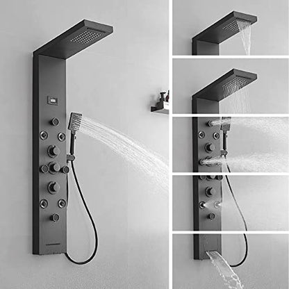 BWE Shower Panel Rainfall Waterfall with Handheld Shower Matte Black | 6 IN 1 Stainless Steel Shower Tower Panel System Massage Body Jets with Tub Spout Water Temperature Display Wall Mount