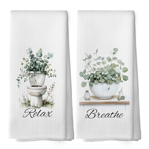 Sage Green Eucalyptus Hand Towels for Bathroom Spa, Rustic Farmhouse Sage Leaves Plant Kitchen Dish Tea Towels, Botanical Breathe Relax Toilet Bathroom Decor, 16x24 Inch Set of 2 - color: Bathroom04