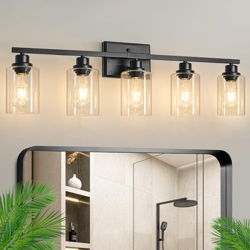 Ascher 5-Light Bathroom Light Fixtures, 33 Inch Vanity Lights with Clear Glass Shade, Modern Black Finish Wall Light for Mirror Bedroom Hallway Cabinet Porch - color: Black, size: 5 Light