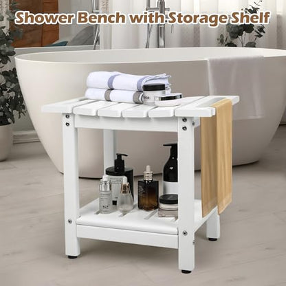 Shower Bench, HDPE Waterproof Shower Chair for Inside Shower | Heavy-Duty Shower Bench with Non-Slip Adjustable Feet & Storage Shelf, Stable Bathroom Stool for Shaving Legs, White - color: White