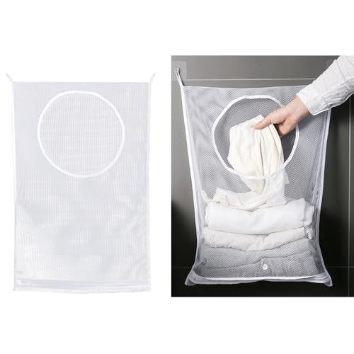 Hanging Laundry Hamper Bag with Adhesive Hooks Large Portable Mesh Laundry Bag Organizer for Dirty Clothes Storage RV Trailer Door Camper Camping Caravan Small Space Bathroom