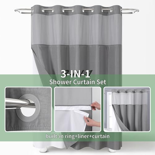 eachope Grey No Hook Shower Curtain with Snap-in Fabric Liner Set,Slub Textured Fabric Shower Curtains for Bathroom,Hotel Style Modern Shower Curtain,Water Repellent & Washable,71x74(72) | Hotel Style Fabric with See-Through Top Window, Water Repellent &