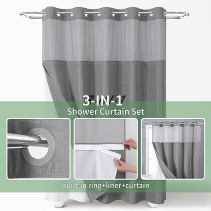 eachope Grey No Hook Shower Curtain with Snap-in Fabric Liner Set,Slub Textured Fabric Shower Curtains for Bathroom,Hotel Style Modern Shower Curtain,Water Repellent & Washable,71x74(72) | Hotel Style Fabric with See-Through Top Window, Water Repellent &