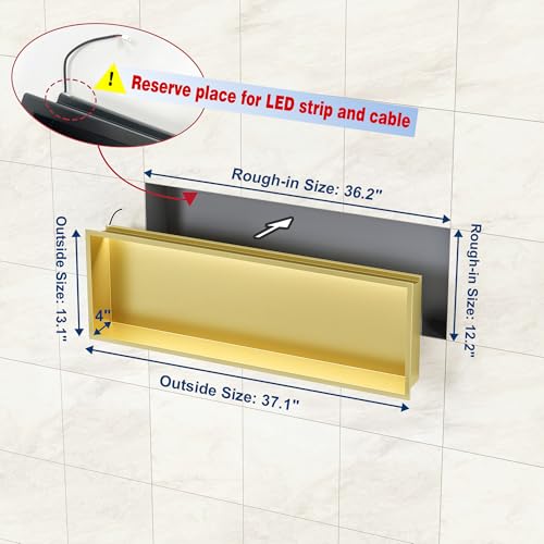 36"x12" Gold LED Shower Niche,3 CCT Dimmable Light, No Tile Needed | 304 Stainless Steel Bathroom Niche w/ Light(3000K/4000K/6000K), IP66 Waterproof, Space Saving & Durable ,LED Driver Included - color: Brass Gold, size: 36X12In