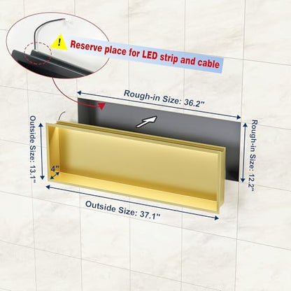 36"x12" Gold LED Shower Niche,3 CCT Dimmable Light, No Tile Needed | 304 Stainless Steel Bathroom Niche w/ Light(3000K/4000K/6000K), IP66 Waterproof, Space Saving & Durable ,LED Driver Included - color: Brass Gold, size: 36X12In