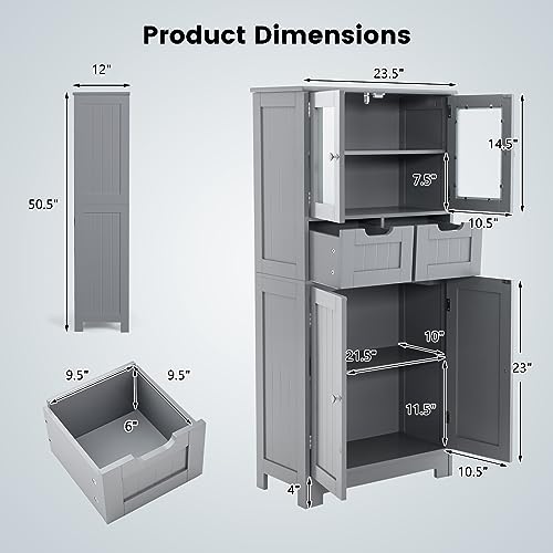 COSTWAY Bathroom Storage Cabinet, Freestanding Bathroom Organizer with Glass Doors, 2 Drawers and 2 Adjustable Shelves, Tall Linen Floor Cabinet for Bathroom, Living Room, Kitchen (Gray) | with Glass Doors, 2 Drawers & 2 Adjustable Shelves, Wooden Linen F