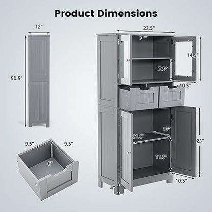 COSTWAY Bathroom Storage Cabinet, Freestanding Bathroom Organizer with Glass Doors, 2 Drawers and 2 Adjustable Shelves, Tall Linen Floor Cabinet for Bathroom, Living Room, Kitchen (Gray) | with Glass Doors, 2 Drawers & 2 Adjustable Shelves, Wooden Linen F