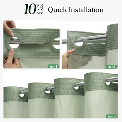 Sage Green Hook Free Waffle Shower Curtain & Snap-in Liner,72x75 | Less Time to install, 3 in 1 Fabric Shower Curtain and Liner Set with Magnets, Mesh Top Window, Shower Curtains for Bathroom - color: A Sage Green, size: 72"W x 75"L (Pack of 1)