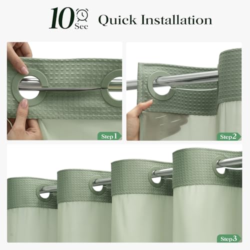 Sage Green Hook Free Waffle Shower Curtain & Snap-in Liner,72x87 | Less Time to install, 3 in 1 Fabric Shower Curtain and Liner Set with Magnets, Extra Long, Shower Curtains for Bathroom - color: A Sage Green, size: 72"W x 87"L (Pack of 1)