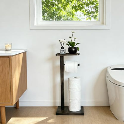 Bamboo Freestanding Bathroom Toilet Paper Holder Stand with Phone Shelf and Storage, Holds 3 Extra Mega Rolls(Balck) - color: Balck