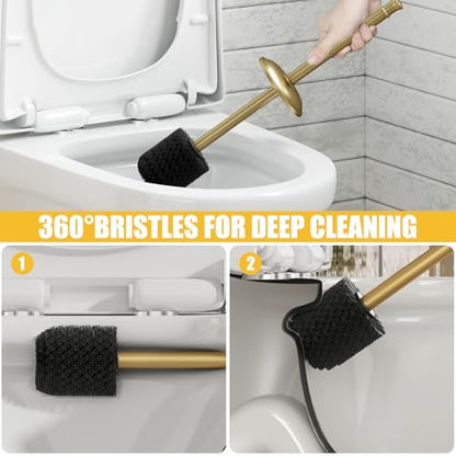 Toilet Brush and Holder, Toilet Cleaner Bowl Set with Two Brush with Extra Long Handle, Durable Bristles Toilet Scrubber and Covered Holder, Drip-Proof Stainless Steel Brushed Gold - color: Brushed Gold