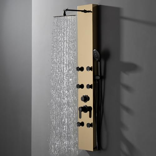 BWE Stainless Steel Modern Shower Panel Tower System | 3-Function Faucet Rainfall Shower Head, Handheld Sprayer, Massage Body Jets, Polished Gold