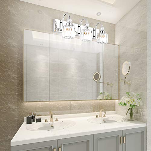Ralbay Modern LED Crystal Bathroom Vanity Lights 3-Lights Stainless Steel Crystal Vanity Lights Over Mirror Modern Crystal Bathroom Vanity Lighting Fixtures - color: Round-Chrome, size: 3-light
