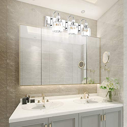 Ralbay Modern LED Crystal Bathroom Vanity Lights 3-Lights Stainless Steel Crystal Vanity Lights Over Mirror Modern Crystal Bathroom Vanity Lighting Fixtures - color: Round-Chrome, size: 3-light