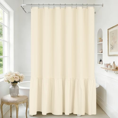 Seenus Soft Microfiber Ruffle Shower Curtain with Waterproof TPU Backed, Cream French Country Ruched Shower Curtain, 72 x 72 Inch 2 in 1 Hotel Luxury Ivory Bathroom Fabric Shower Curtain Washable - color: Ruffled - Cream, size: 72"W x 72"L (Pack of 1)