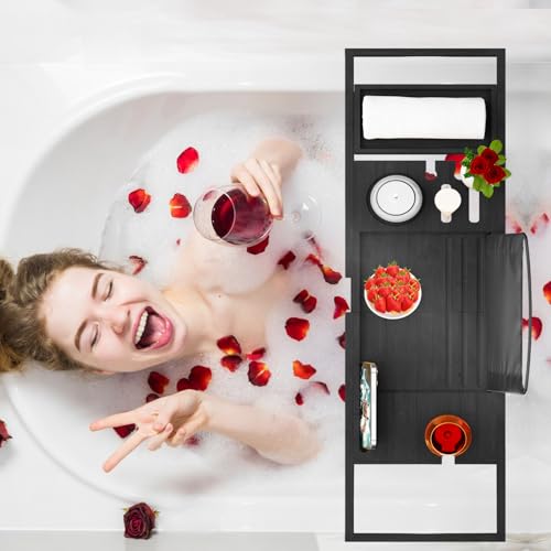 Premium Bathtub Tray Caddy - Bath Tray Expandable - Bath Tub Tray Table for Bathtub, Bamboo Wooden, Fits Most Bath Tubs - color: Premium Black