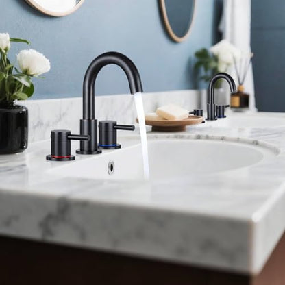 FGKQ 3-Hole 2-Handle Widespread Bathroom Sink Faucet, Oil Rubbed Bronze | Stainless steel, pop-up drain included, 360°swivel spout, for vanity sink 3-hole mount, 8-in widespread - color: Oil Rubbed Bronze