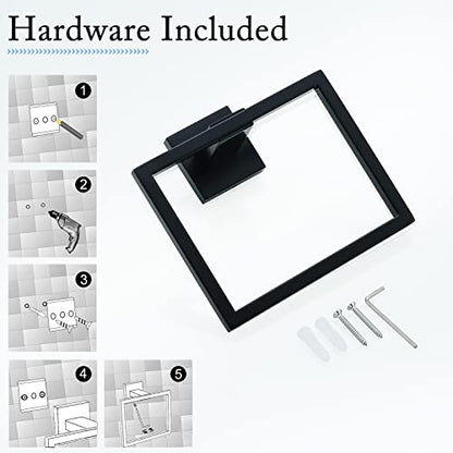 TQKAG Matte Black Towel Ring, Bathroom Hand Towel Holder, Wall Mount | 5.5 Inch, Square Towel Ring, SUS304 Stainless Steel, Easy Installation, Bathroom Kitchen Entryway Vanity Sink - color: Black