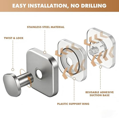 Suction Cup Hooks for Shower,Heavy-duty & No-Drill Waterproof Hook,4 Silver | Suction cup hooks,removable & reusable; no wall damage,fits smooth surfaces,ideal for towels,robes & loofahs - color: Silver