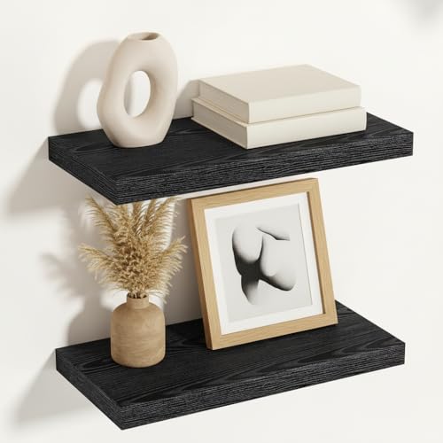 Vivelove Black Floating Shelves 12 Inch Deep, 16 X 12 Inch, Set of 2 | Invisible Brackets, Easy Mount Shelf with Hardware Kit, for Bathroom Bedroom Living Room Kitchen, Engineered Wood - color: Black, size: 16”wx12”dx1.5”h