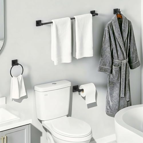 24-Inch Wall Mounted Towel Racks for Bathroom – Space Saver 4-Piece Durable Stainless Steel Bathroom Hardware Set with Towel Bar, Towel Ring, Toilet Paper Holder & Hook, Matte Black - color: Black