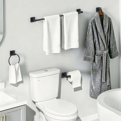 24-Inch Wall Mounted Towel Racks for Bathroom – Space Saver 4-Piece Durable Stainless Steel Bathroom Hardware Set with Towel Bar, Towel Ring, Toilet Paper Holder & Hook, Matte Black - color: Black